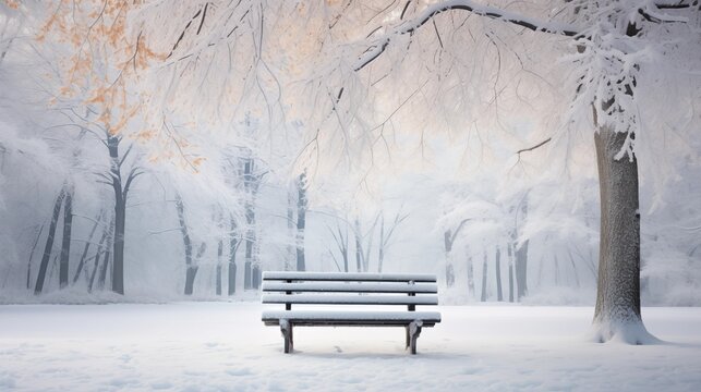Lonely bench in a snowy park, trees in the background