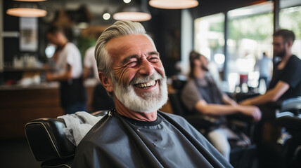 Barber shop social assistance for pensioners, happy hipster elder man with haircut in retro barbershop background.