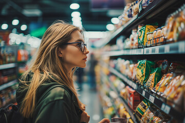 Informed Female Consumer Analyzing Nutrition and Prices in Grocery Store, Emphasizing Healthy Lifestyle and Smart Shopping Choices in Supermarket Aisle
