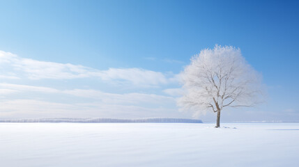 Simple winter landscape, a single tree with snow, clear blue sky, tranquil and serene