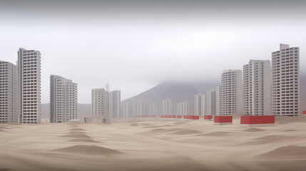 Newly built urban neighborhood with skyscrapers that all look the same. Construction project in overpopulated country, built in the middle of the desert, dull and dusty. Uninhabited modern ghost city. - obrazy, fototapety, plakaty