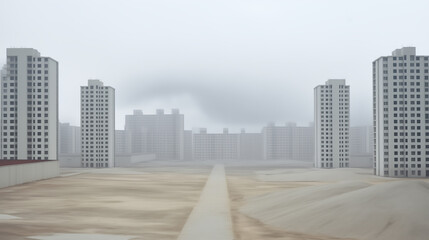 Road leading to the neighborhood with boring gray skyscrapers. Construction project in the middle of a desert, dull and dusty. Uninhabited modern ghost city. Unfinished new buildings.