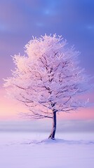 Winter's Beauty, nature's tranquility, snow-covered landscape, lonely tree. Vertical shot