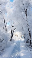 Obraz premium Winter's Beauty, snow-covered landscape, countryside road, village. Vertical shot