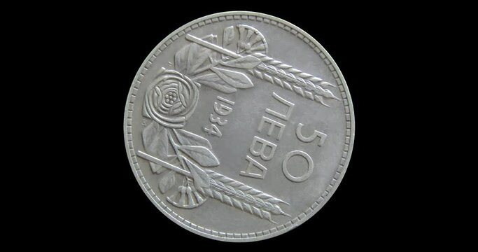 Reverse of Bulgaria coin 50 leva 1934, isolated in black background. 3d animation in 4k video.