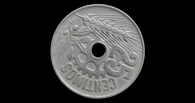 Reverse of Spain coin 25 centimos 1934, isolated in black background. 3d animation in 4k video.