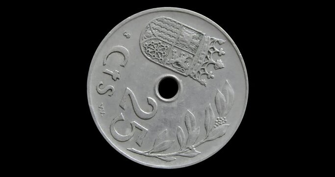 Reverse of Spain coin 25 centimos 1937, isolated in black background. 3d animation in 4k video.