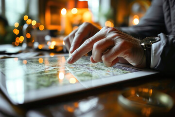 Man using a digital tablet to navigate on a map application, planning a trip or finding a location.