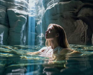 A young woman bathing in a pool or lake, eyes closed softly smiling with sunlight falling on her face, inside an underground cave