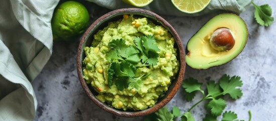 Simple green guacamole without tomato in a small bowl, served with lime and coriander. Flatlay includes a pale green napkin.