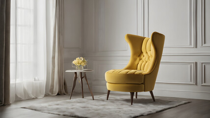 A 3D photo of a yellow chair in minimal style.