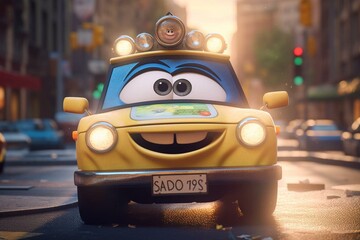Cartoon police car smiling and driving through the city - illustration for children. Generative AI