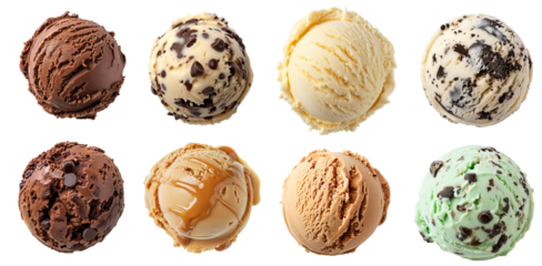 Ice cream scoops ball chocolate vanilla chocolate chip coffee  milk based dessert isolated background