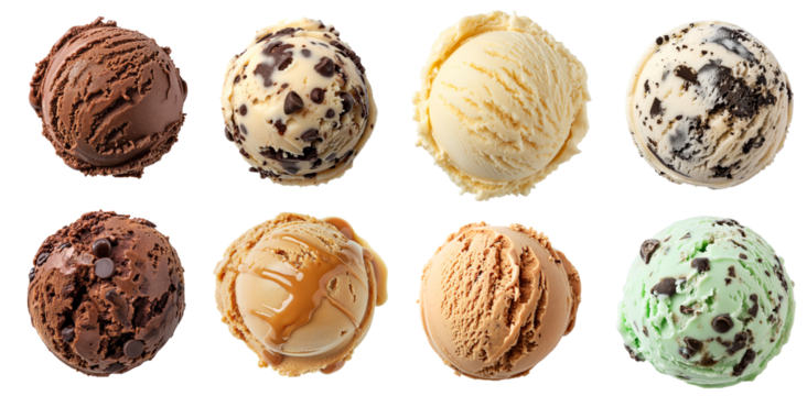 Ice cream scoops ball chocolate vanilla chocolate chip coffee  milk based dessert isolated background