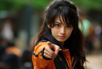 Fototapeta premium Confident young woman pointing finger at camera