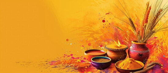 Happy Lohri celebration with festival elements like bonfire, dhol, wheat ear, and sweet bowls on a yellow background. © AkuAku