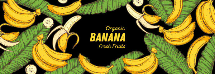 Ripe banana frame. Hand drawn vector illustration. Tropical fruit. Packaging design, menu design, juice packaging. Banana frame. © DiViArts