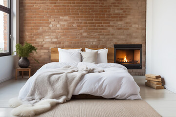 Bedroom with a fireplace and a brick wall in a loft style
