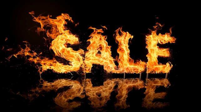 The word Sale is on fire. Eye catchy advertising. Hot season of sales and discounts. Hot Deals on black background