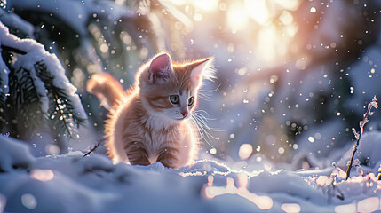 Young cat that is walking in the snow.