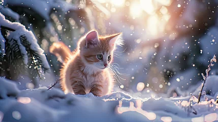 Fotobehang Young cat that is walking in the snow. © Nataliya