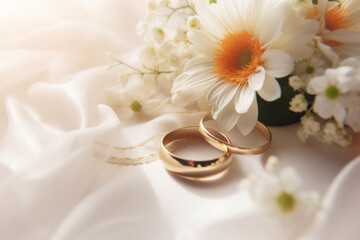 Concept of wedding accessories with wedding rings, close up - obrazy, fototapety, plakaty