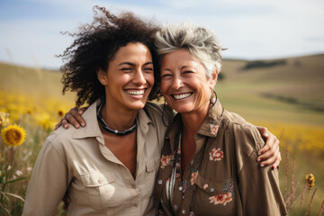 Portrait of two senior lesbian women hugging on the background of nature