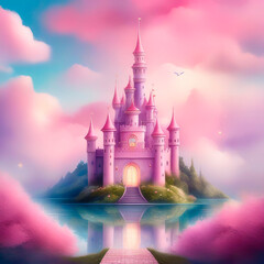 Princess magic pink castle watercolor in the clouds.