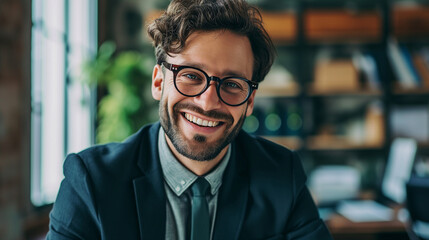 Portrait of a confident business man in the office. A young man in a business suit and glasses looks at the camera and smiles