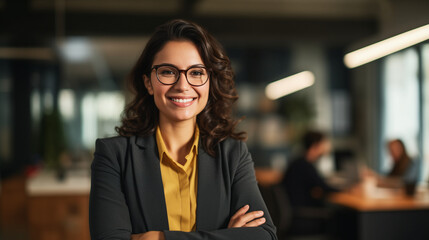 Portrait of a confident business woman in the office. Young woman in a business suit and glasses looks at the camera and smiles