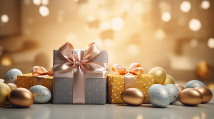 Pastel and golden colors presents and Easter eggs, springtime background