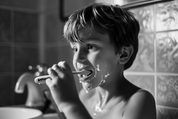 Boy brushing his teeth in the bathroom