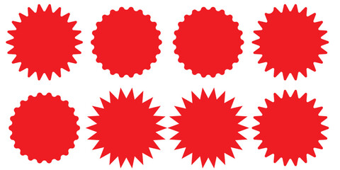 Set of vector starburst, sunburst badges. Nine different color. Simple flat style Vintage labels. Design elements. red Colored stickers - obrazy, fototapety, plakaty