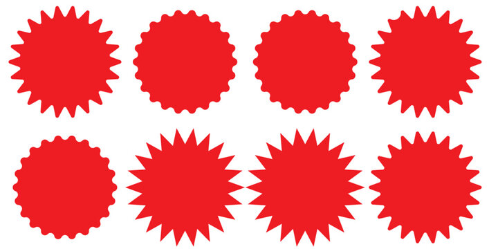 Set of vector starburst, sunburst badges. Nine different color. Simple flat style Vintage labels. Design elements. red Colored stickers