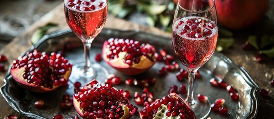 Pomegranate seeds on tray with champagne flutes. - obrazy, fototapety, plakaty