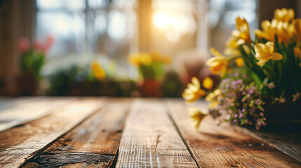 empty wooden table with blurred background. Easter setting - Powered by Adobe
