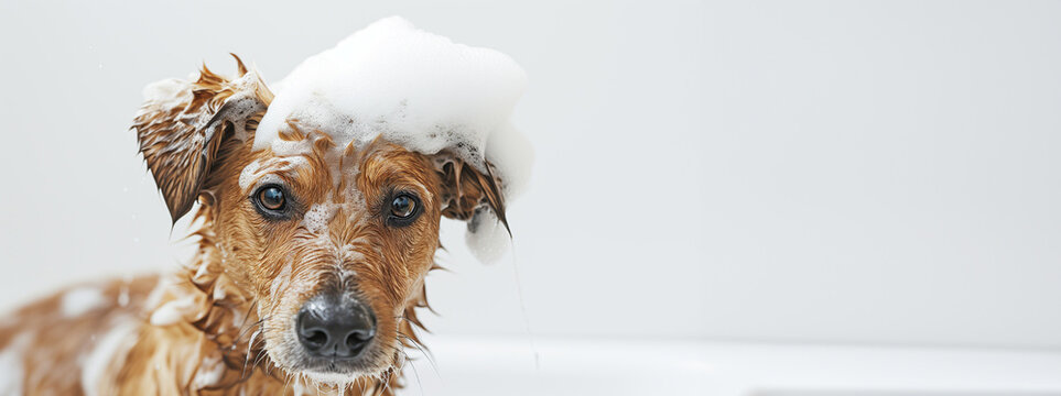 happy broan wet dog taking bath with soap foam on his head . white background. copy space	