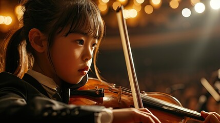 Asian girl playing violin in the auditory - obrazy, fototapety, plakaty