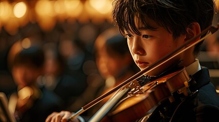 Asian boy playing violin in the auditory - obrazy, fototapety, plakaty