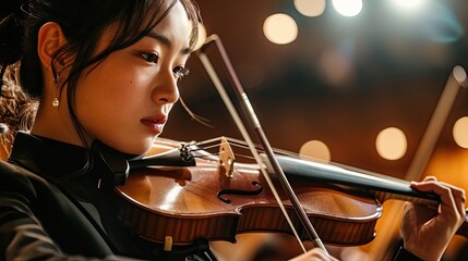 Asian young woman playing violin in the auditory - obrazy, fototapety, plakaty