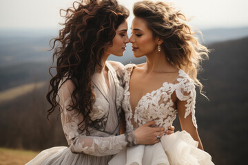 Fototapeta na wymiar Two Caucasian lesbians in wedding dresses on the background of a natural landscape