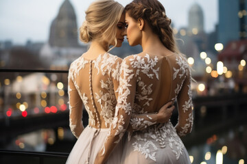 Two Caucasian lesbians in wedding dresses on the background of city street - obrazy, fototapety, plakaty