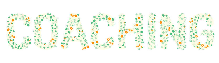 Banner title for coaching, consisting of coaching symbols like love, flowers, goals etc.,  useful for your flyer, poster or webpage