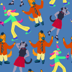 Fototapeta na wymiar seamless pattern with dogs in vector. characters in flat style. Template for wrapping, wallpaper, background for app website. A series of furry dogs
