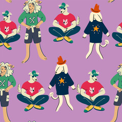 seamless pattern with dogs in vector. characters in flat style. Template for wrapping, wallpaper, background for app website. A series of furry dogs