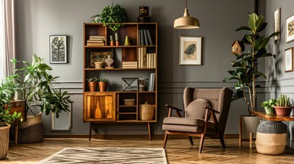 Stylish interior of living room with design brown armchair, wooden bookcase, pendant lamp