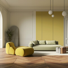 Modern classic bright living room interior. Hardwood floor, white wall with olive panel, light green sofa, ottomans, large windows.