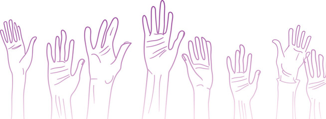 Raised Hands Uniting in Support, line art vector, Hand-Drawn Illustration for National Breast Cancer Awareness Month, Healthcare Awareness, multitude hands raised, many people, hands, cancer, 