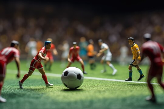 Miniature tiny soccer players toys and ball on the soccer field. Soccer concept background with macro photo miniature of tiny world.