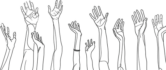 Raised Hands Uniting in Support, line art vector, Hand-Drawn Illustration for National Breast Cancer Awareness Month, Healthcare Awareness, multitude hands raised, many people, hands, cancer,  - obrazy, fototapety, plakaty